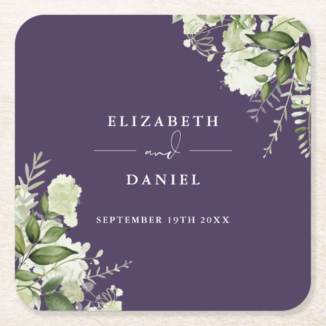 Floral Greenery Elegant Purple Wedding Square Paper Coaster (Front)