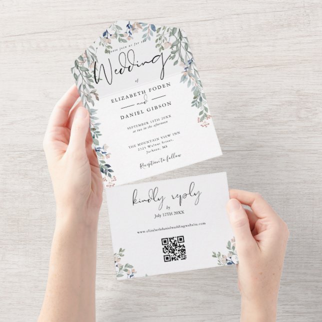 Floral Greenery Elegant Script QR Code Wedding All In One Invitation (Tearaway)