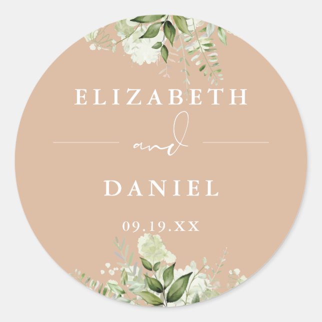 Floral Greenery Elegant Tan Wedding Favour Classic Round Sticker (Front)