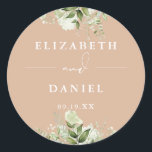 Floral Greenery Elegant Tan Wedding Favour Classic Round Sticker<br><div class="desc">Elegant tan floral greenery sticker personalised with your names and special date. Designed by Thisisnotme©</div>