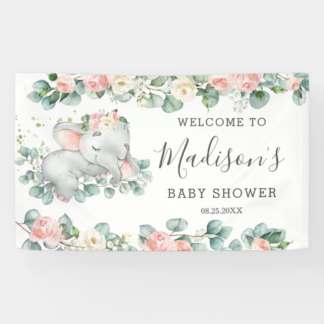 Floral Greenery Elephant Baby Shower Girl Welcome Banner (Horizontal)