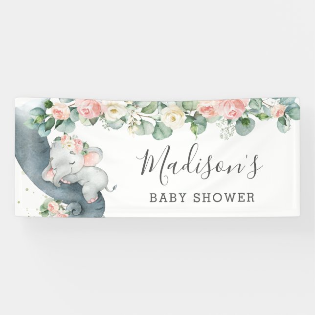 Floral Greenery Elephant Baby Shower Girl Welcome Banner (Horizontal)