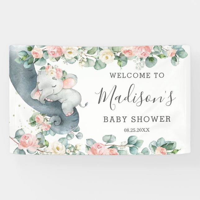 Floral Greenery Elephant Baby Shower Girl Welcome Banner (Horizontal)