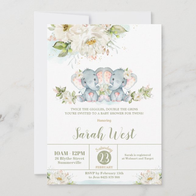 Floral Greenery Elephant Twin Girls Baby Shower  Invitation (Front)