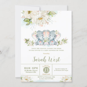 Floral Greenery Elephant Twin Girls Baby Shower Invitation