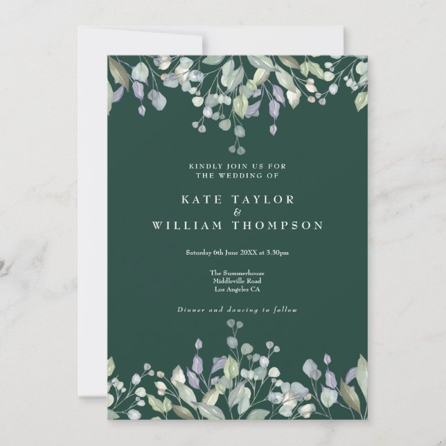Floral Greenery Emerald All In One Wedding Invitation (Front)