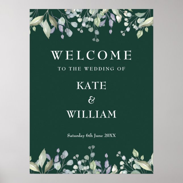 Floral Greenery Emerald Wedding Welcome Sign (Front)