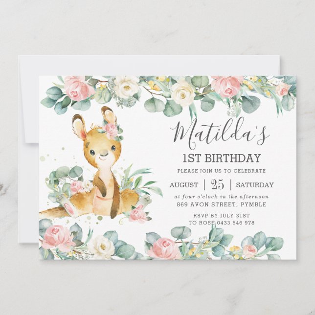 Floral Greenery Eucalyptus Cute Kangaroo Birthday Invitation (Front)