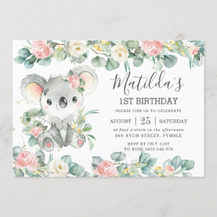 Floral Greenery Eucalyptus Cute Koala Birthday Invitation