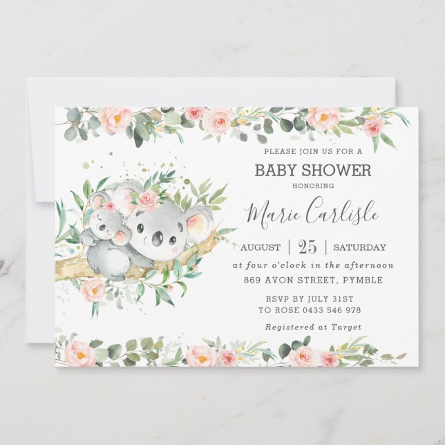 Floral Greenery Eucalyptus Koala Baby Shower Girl Invitation (Front)
