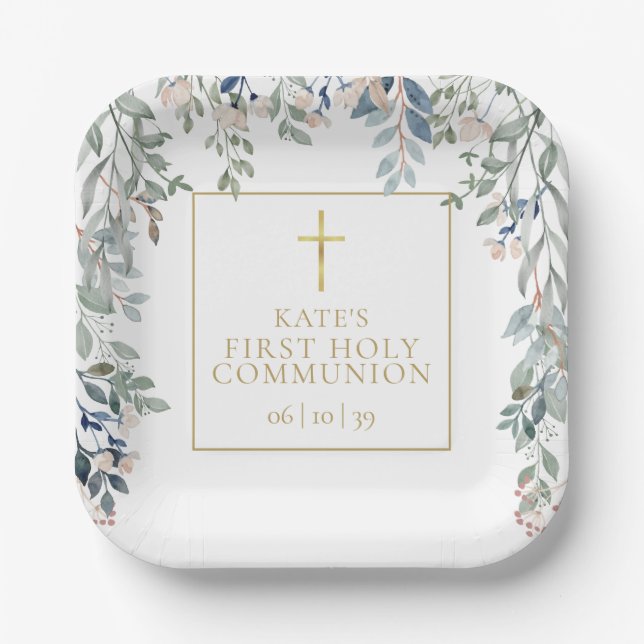 Floral Greenery First Holy Communion Paper Plate (Front)