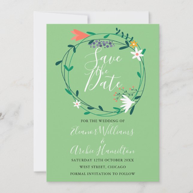 Floral Greenery Garland Save the Date Card (Front)