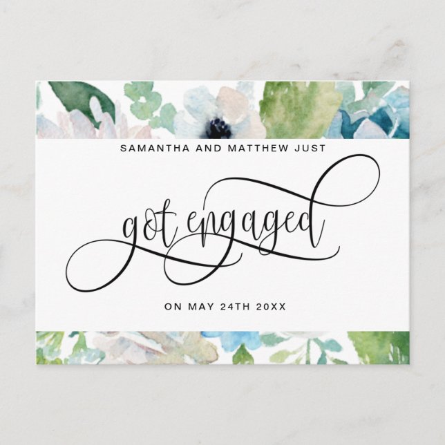 Floral Greenery, Got Engaged, Engagement Announcement Postcard (Front)