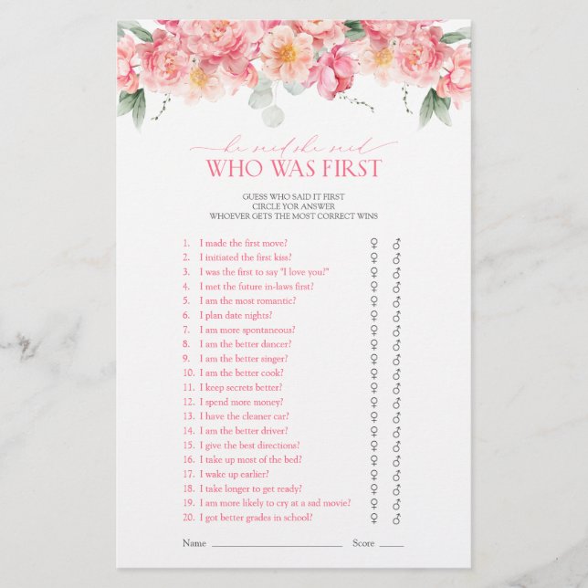 Floral Greenery He Said She Said Pink Shower Game (Front)