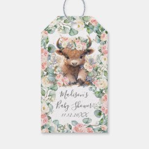 Floral Greenery Highland Cow Baby Shower Birthday Gift Tags