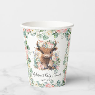 Floral Greenery Highland Cow Baby Shower Birthday Paper Cups