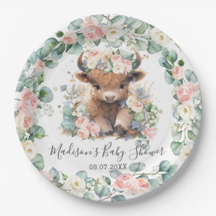 Floral Greenery Highland Cow Baby Shower Birthday Paper Plate