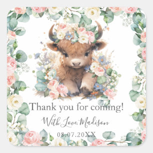 Floral Greenery Highland Cow Baby Shower Birthday Square Sticker