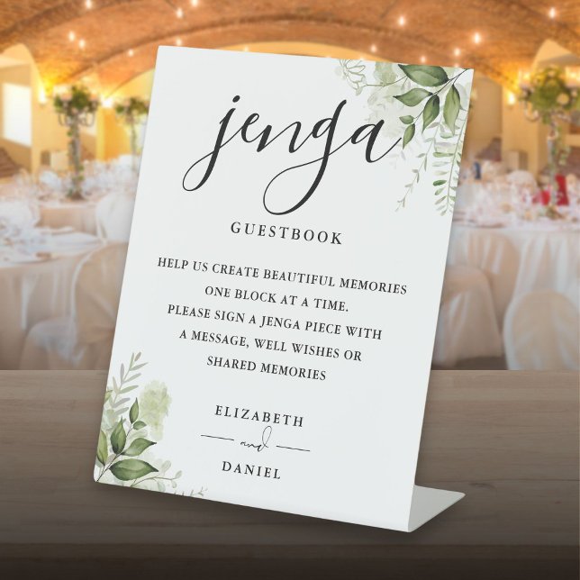Floral Greenery Jenga Wedding Guestbook Pedestal Sign (Floral Greenery Jenga Wedding Guestbook Pedestal Sign)
