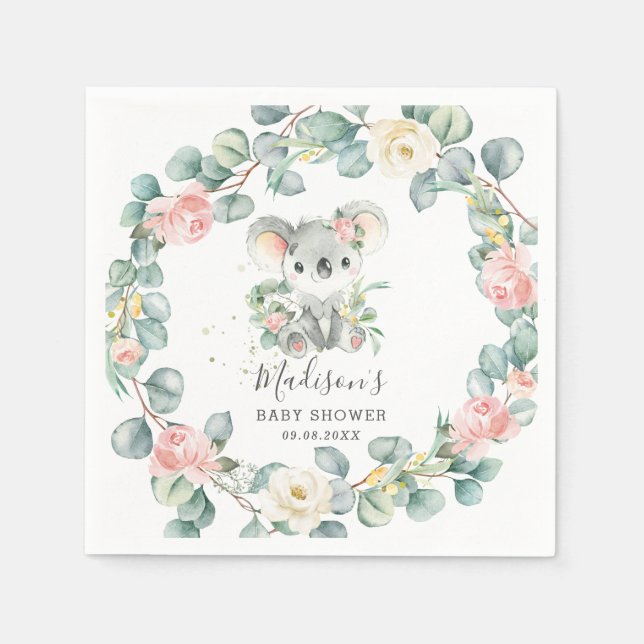 Floral Greenery Koala Baby Girl Shower Birthday Napkin (Front)