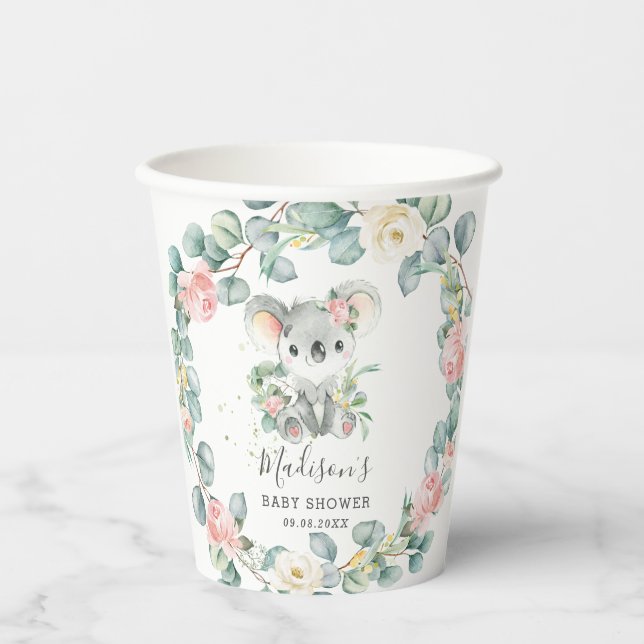 Floral Greenery Koala Baby Girl Shower Birthday Paper Cups (Front)