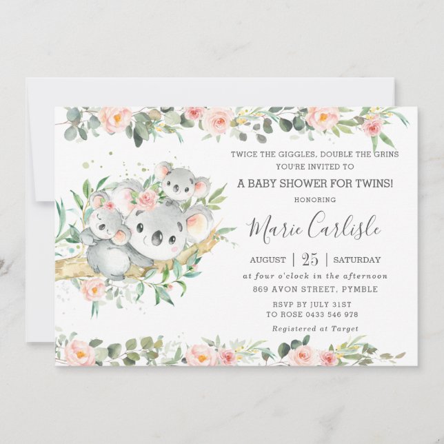 Floral Greenery Koala Twins Boy Girl Baby Shower Invitation (Front)