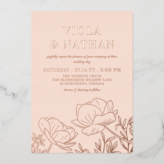 Floral Greenery Line Art Blush & Rose Gold Wedding (Front)