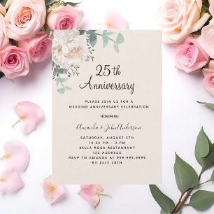 Floral greenery linen 25th wedding anniversary invitation