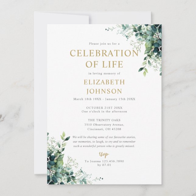 Floral Greenery Monogram Celebration of Life Invitation (Front)