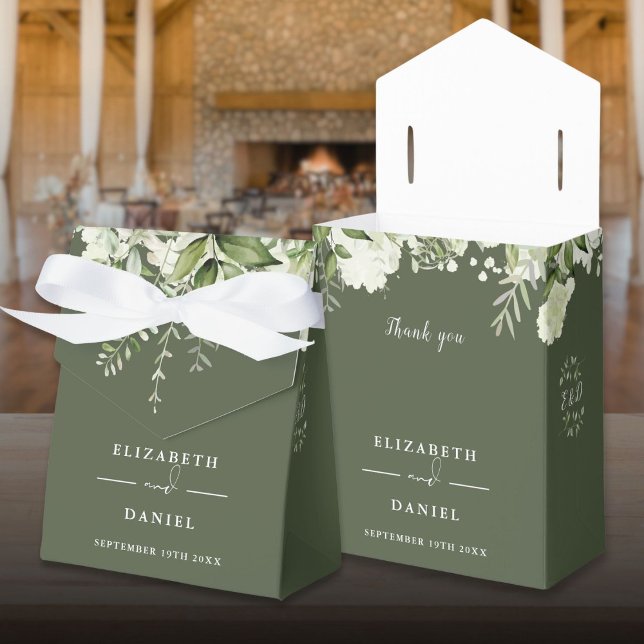 Floral Greenery Monogram Olive Green Wedding Favour Box (Floral Greenery Monogram Olive Green Wedding Favor Boxes)