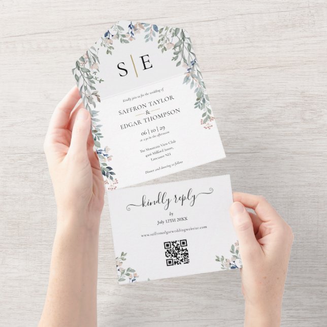 Floral Greenery Monogram QR Code Wedding All In One Invitation (Tearaway)