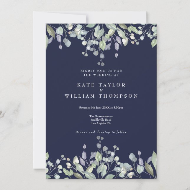Floral Greenery Navy Blue All In One Wedding Invitation (Front)