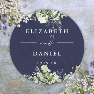Floral Greenery Navy Blue Wedding Favour Classic Round Sticker