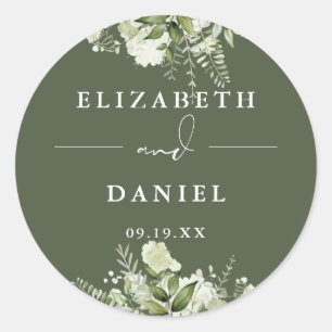 Floral Greenery Olive Green Wedding Favour Classic Round Sticker