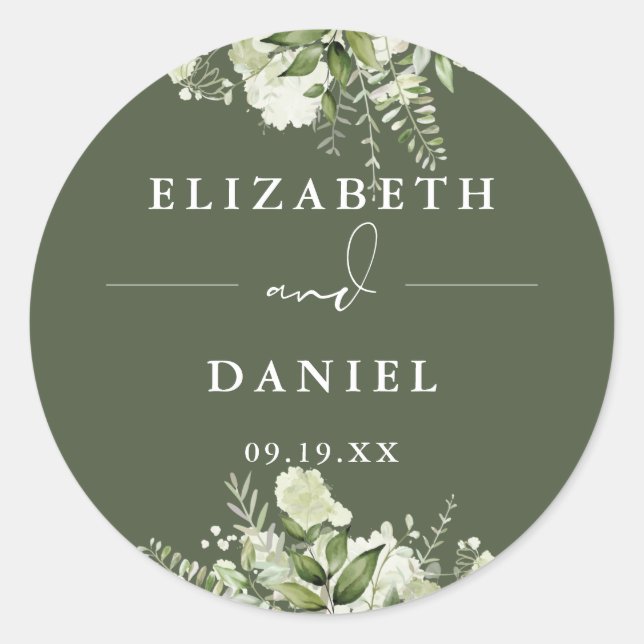 Floral Greenery Olive Green Wedding Favour Classic Round Sticker (Front)