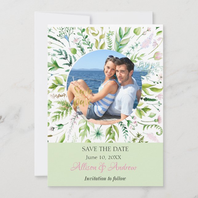 Floral Greenery Photo Save the Date (Front)