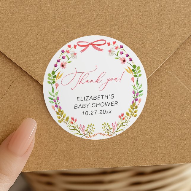 Floral Greenery Pink Bow Baby Shower Classic Round Sticker (Creator Uploaded)