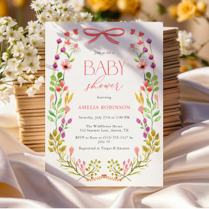Floral Greenery Pink Bow Rustic Baby Shower Invitation