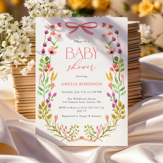 Floral Greenery Pink Bow Rustic Baby Shower Invitation (Creator Uploaded)