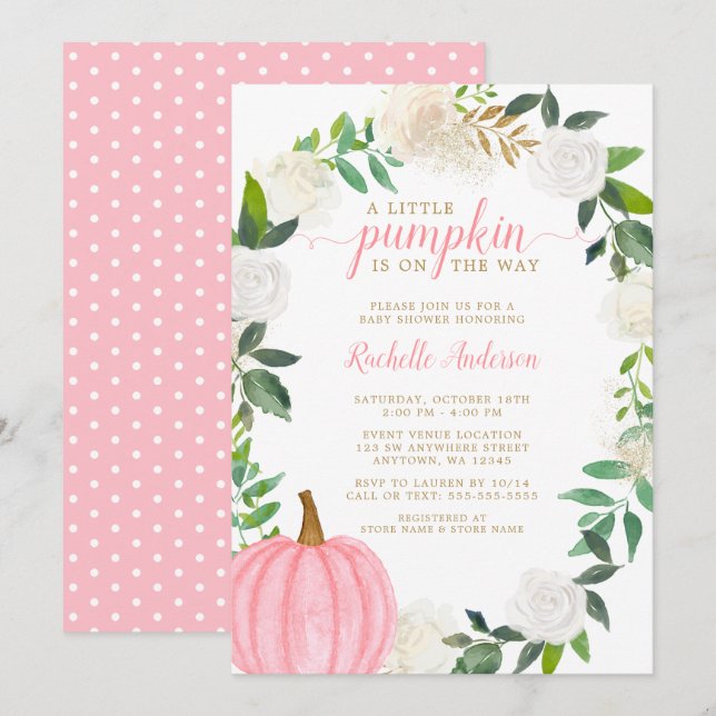 Floral Greenery Pink Pumpkin Fall Girl Baby Shower Invitation (Front/Back)
