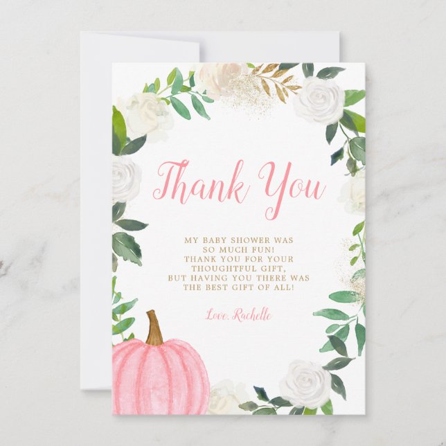 Floral Greenery Pink Pumpkin Fall Girl Baby Shower Thank You Card (Front)