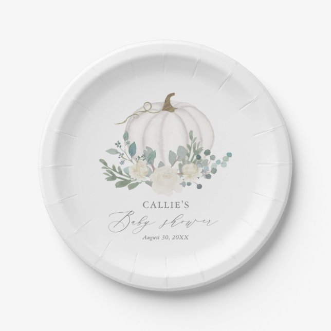 Floral Greenery Pumpkin Baby Shower Paper Plate (Front)