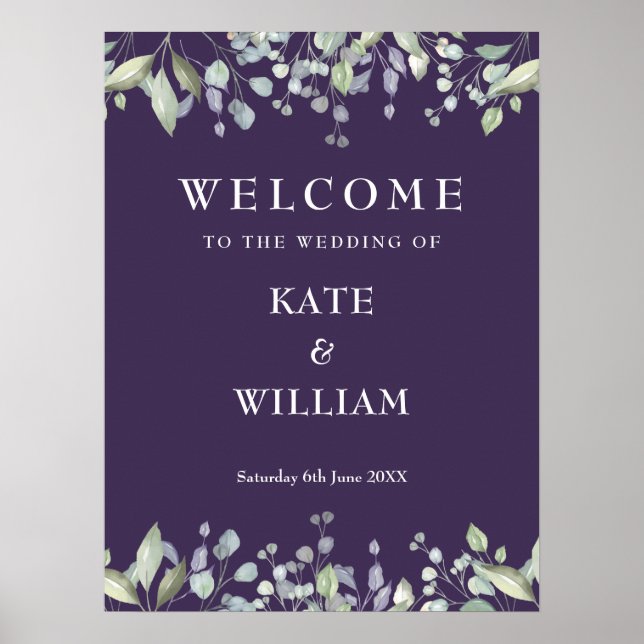Floral Greenery Purple Wedding Welcome Sign (Front)