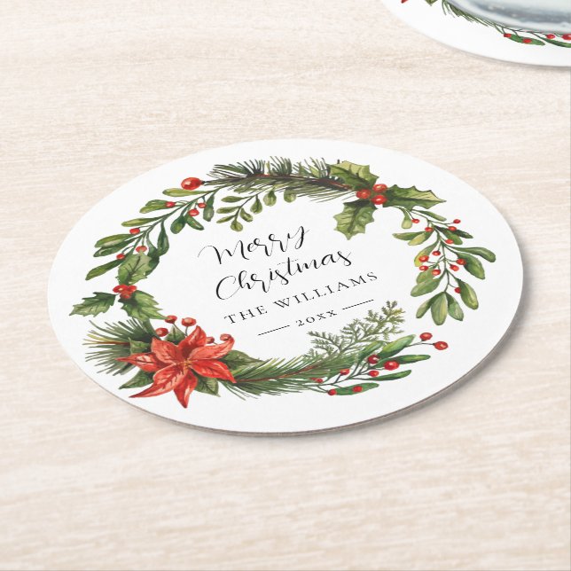Floral Greenery Red Berries Family Christmas Party Round Paper Coaster (Angled)