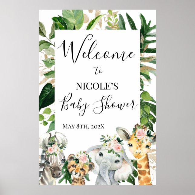 Floral Greenery Safari Baby Shower Welcome Sign (Front)