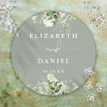 Floral Greenery Sage Green Wedding Favour Classic Round Sticker<br><div class="desc">Elegant sage green floral greenery sticker personalised with your names and special date. Designed by Thisisnotme©</div>