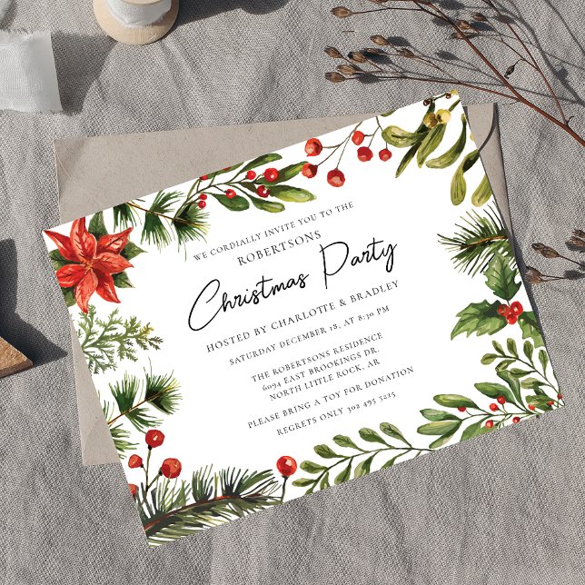 Floral Greenery Script Christmas Holiday Party Invitation Postcard (Botanical Red Berries Greenery Script Christmas Party Invitation)