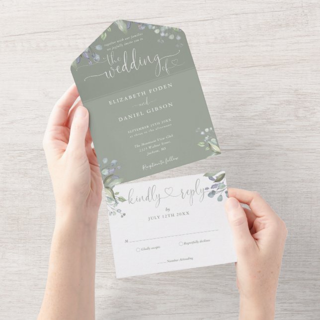 Floral Greenery Script Hearts Sage Green Wedding All In One Invitation (Tearaway)