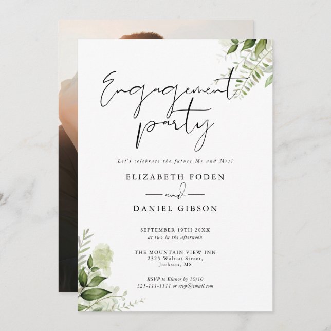 Floral Greenery Script Photo Engagement Party Invitation (Front/Back)