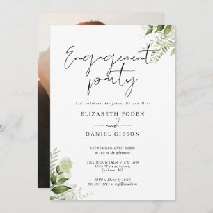 Floral Greenery Script Photo Engagement Party Invitation